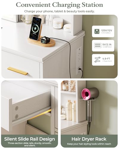 43.5-Inch Makeup Vanity Desk with Sliding LED Mirror, Drawers & Power Outlets