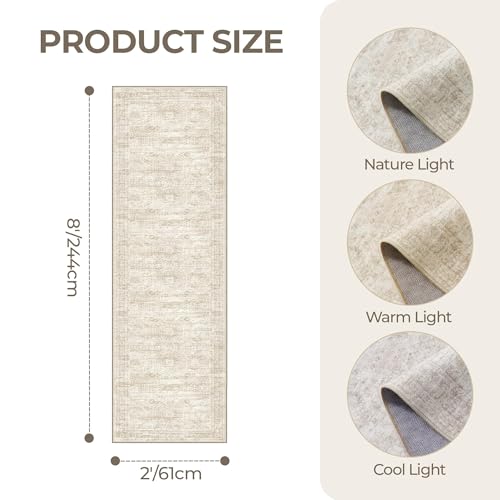2x8 Washable Non-Slip Hallway Runner Rug - Soft Beige Vintage Carpet