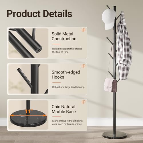 Adjustable Height Metal Coat Rack with Natural Marble Base, 10 Hooks