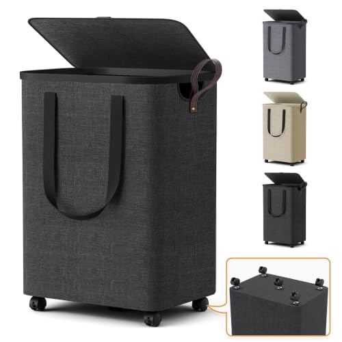 SmartKempt Rolling Laundry Basket with Wheels and Lid, 75L Deep Gray