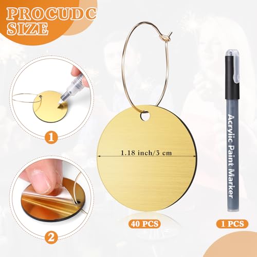 Tondiamo Round Acrylic Wine Charms 40 Pcs with Marker for Glasses & Parties