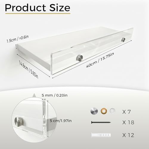 15.7" Rustic Floating Wall Shelves with Acrylic Lip, 3 Pack White