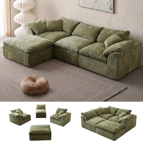 Oversized Modular Cloud Sectional Sofa with Chaise Lounge in Green Chenille
