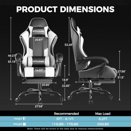 GTPLAYER Ergonomic Gaming Chair with Footrest & Lumbar Support Pearl White