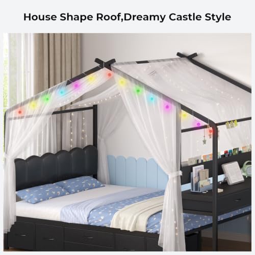 Full Size House Bed with Desk and 8 Storage Drawers, Metal Frame