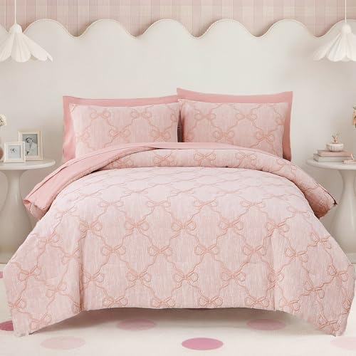 5-Piece Twin XL Comforter Set - Pink Bow Bedding for Girls