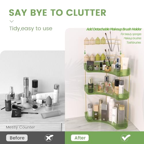 Green 3-Tier Corner Makeup Organizer with Brush Holder - Bathroom Storage
