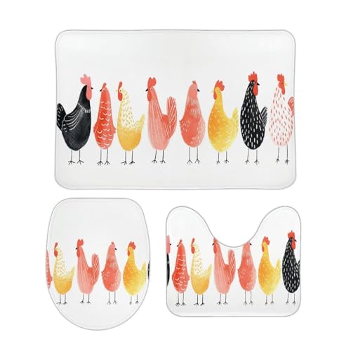 3-Piece Chicken Pattern Bathroom Rug Set - Non-Slip Coral Fleece Bath Mats