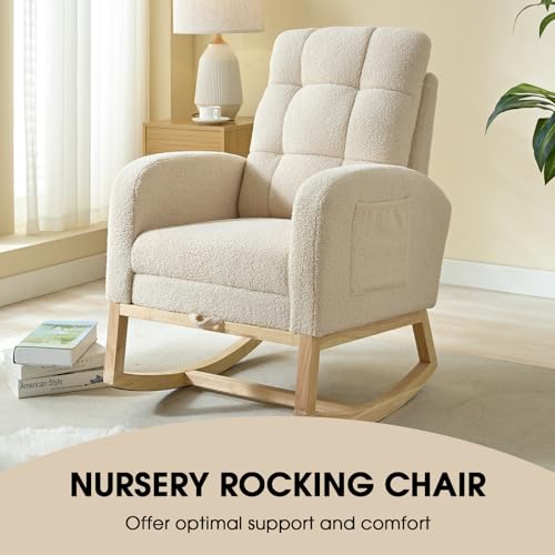 Modern Teddy Upholstered Nursery Rocking Chair with Footrest & Pocket - Beige