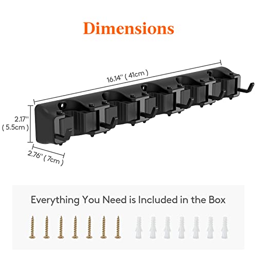 Wall Mounted Mop and Broom Holder Organizer with 5 Slots and 6 Hooks