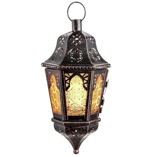 Moroccan Hanging Candle Lantern with Chain - 13.6" Amber Glass Decor