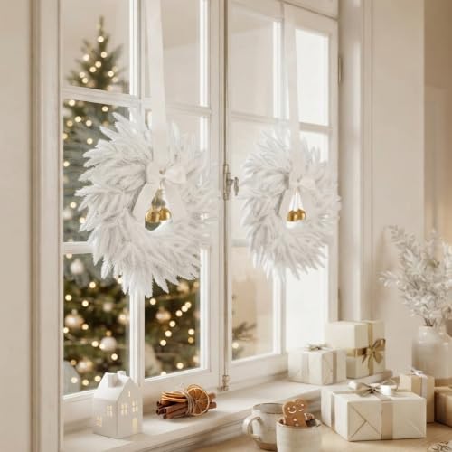 2 Pack White Christmas Wreaths for Cabinets - Mini Holiday Decor