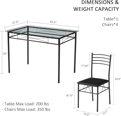 5-Piece Glass Dining Table Set for 4 with Upholstered Chairs, Black