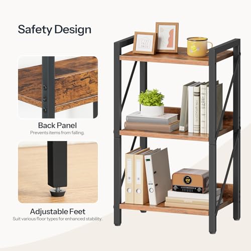3-Tier Industrial Bookshelf with Metal Frame, Rustic Brown Storage Organizer