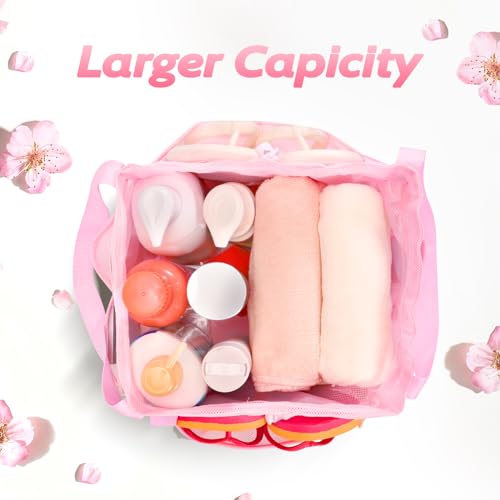 Mesh Shower Caddy Portable with Drawstring 8 Pockets Pink