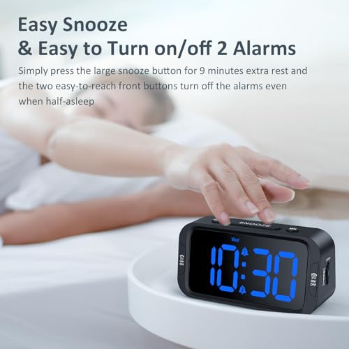 Digital Dual Alarm Clock for Bedroom - 0-100% Dimmable Blue Display