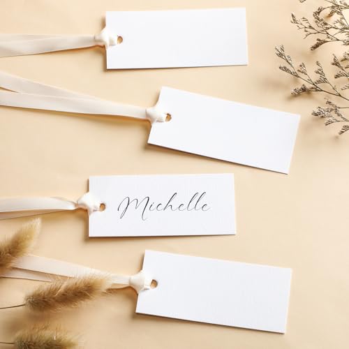 50 Pcs Blank Wedding Place Cards with Beige Satin Ribbons