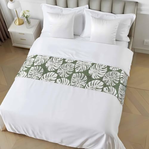 Tropical Palm Leaf Bed Runner - Satin Decorative Scarf for Twin Beds, 71x20"