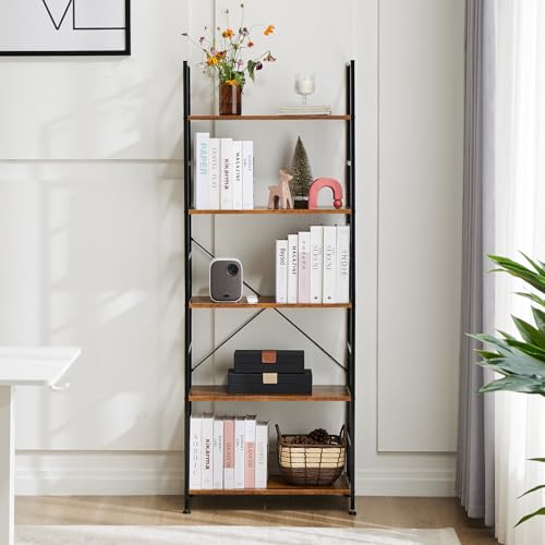 5-Tier Tall Bookshelf Industrial Bookcase Display Organizer, Rustic Brown
