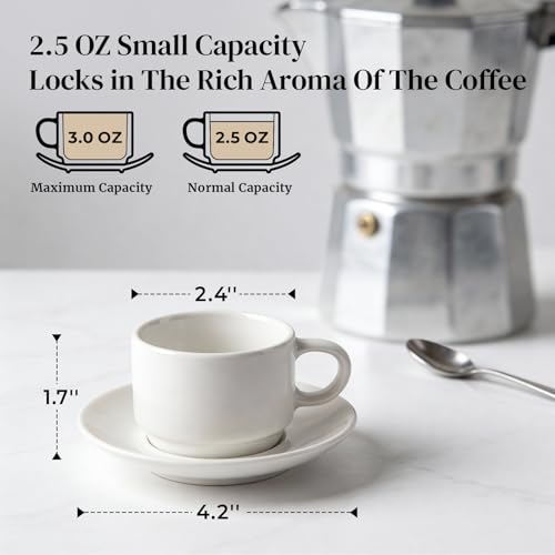 DOWAN White 2.5 oz Stackable Espresso Cups & Saucers Set of 4