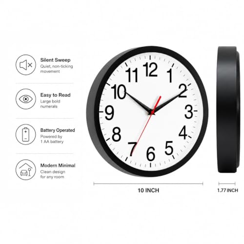 10-Inch Silent Wall Clock - Non-Ticking Battery Operated Analog Clock