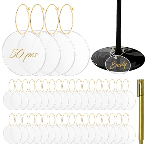 Philbinden 50 Pcs Wine Glass Charms with Marker - Acrylic Stemware Markers for Weddings, Parties & Celebrations