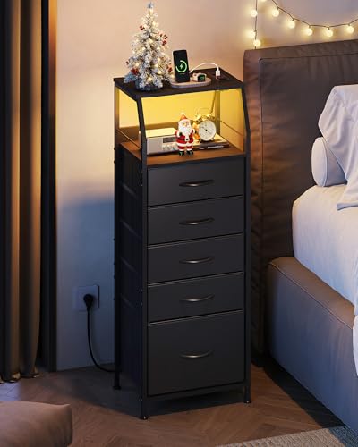 5-Drawer LED Nightstand with Charging Station and Open Shelves