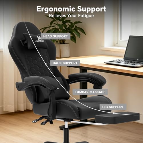 Ergonomic Gaming Chair with Massage Lumbar Support, Footrest & Recline