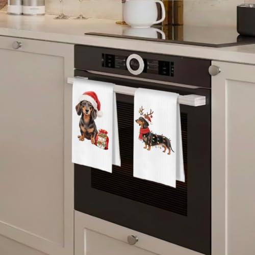 BlissfulAbon Dachshund Christmas Kitchen Towels Set - Weiner Dog Gift, 16x24 Inches, 4-Piece