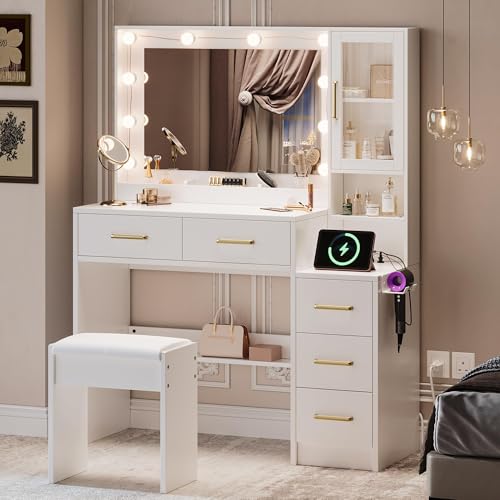 Makeup Vanity Table with Lights, Charging Station and 5 Storage Drawers