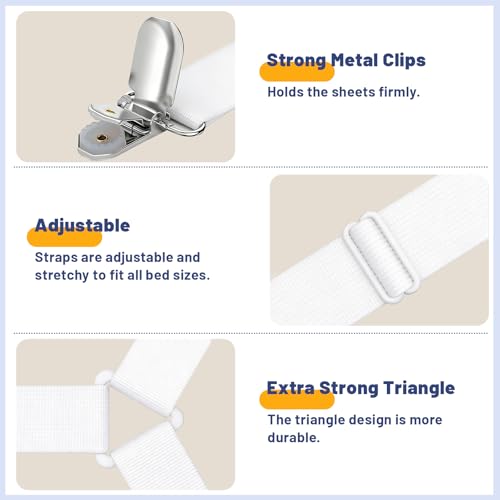 Adjustable Bed Sheet Straps with Metal Clips - Triangle Fasteners (4 Pack)