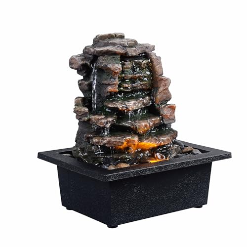 Indoor Tabletop Meditation Waterfall Fountain with LED Lights & River Rocks