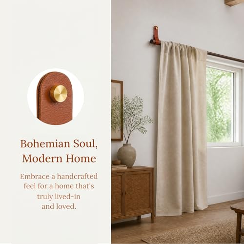 2PCS PU Leather Curtain Rod Holders, Wall Mounted Boho Strap Brackets
