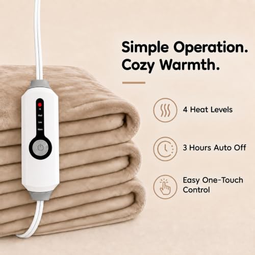 LaffyLo Twin Size Electric Heated Blanket 62x84 Light Brown Ultra Soft Flannel with 4 Heat Settings & Auto Shutoff