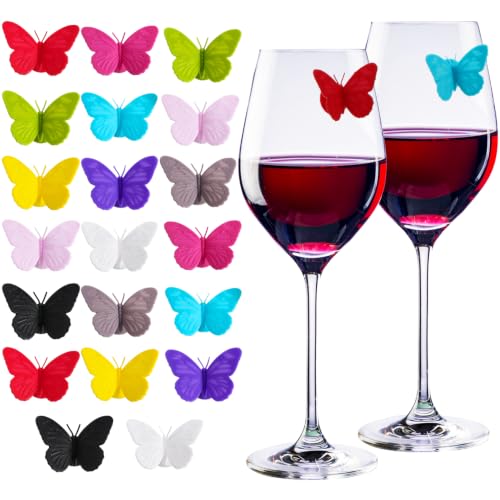 Outus Butterfly Wine Glass Markers Set – 20 Silicone Drink Charms with Suction Cups for Parties