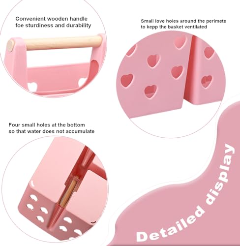 Portable Plastic Shower Caddy with Wooden Handle and Drainage Holes