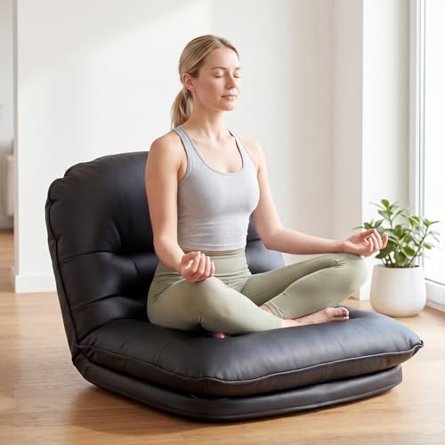DUMOS Foldable Saucer Floor Chair - Small PU Leather Lounge Seat, Comfortable and Supportive
