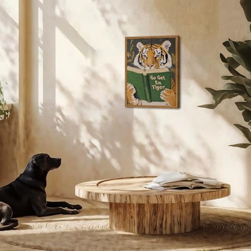 Funny Tiger Reading Canvas Wall Art - 12x16 Framed Motivational Decor