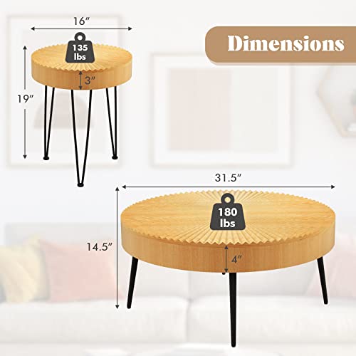 2-Piece Round Nesting Coffee Table Set with Solid Pine Wood Top
