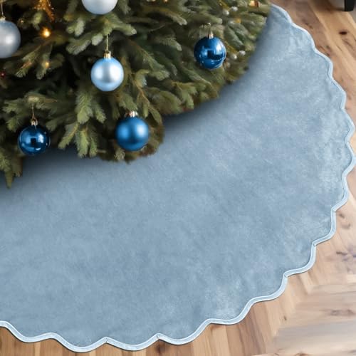 48-Inch Gray Blue Velvet Christmas Tree Skirt, Rustic Scalloped Edge