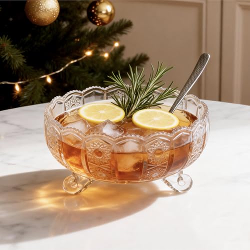 10-Inch Glass Punch Bowl Set with Stainless Steel Ladle - 3L Serving Bowl
