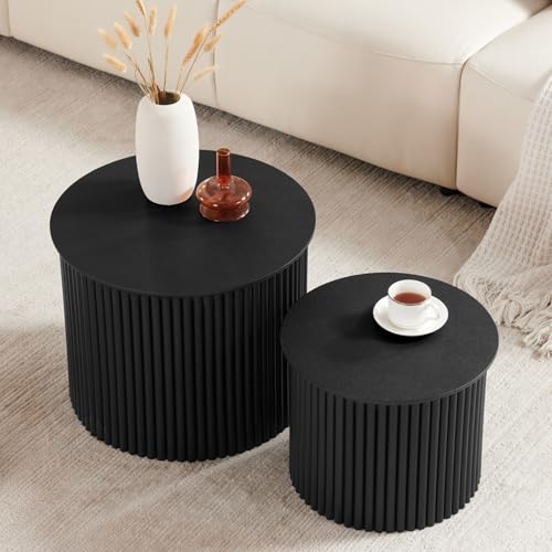 Fluted Round Nesting Coffee Table Set of 2, Modern Wood Accent Tables