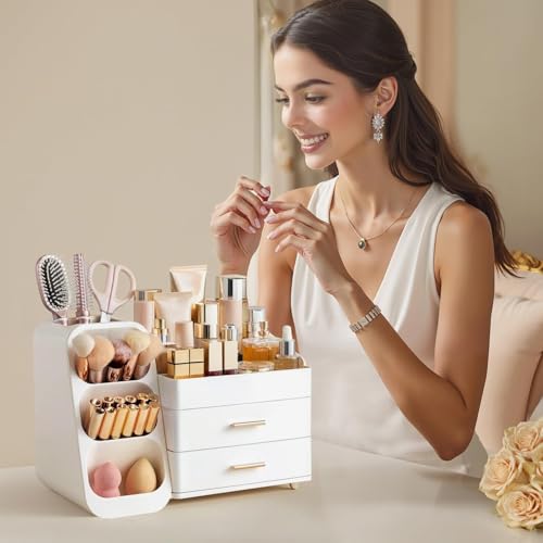 HBlife Large All White Makeup Organizer with Brush Holder - Vanity & Storage