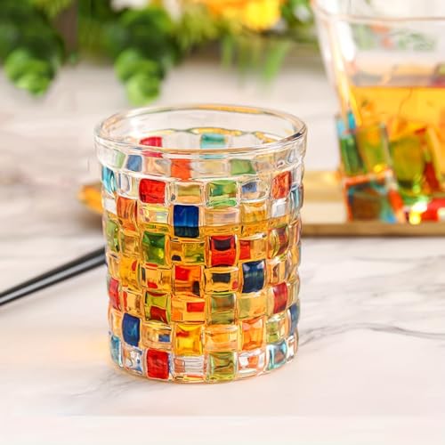 Hand-Painted Colorful Glass Tumblers, Set of 6 Textured Drinking Glasses