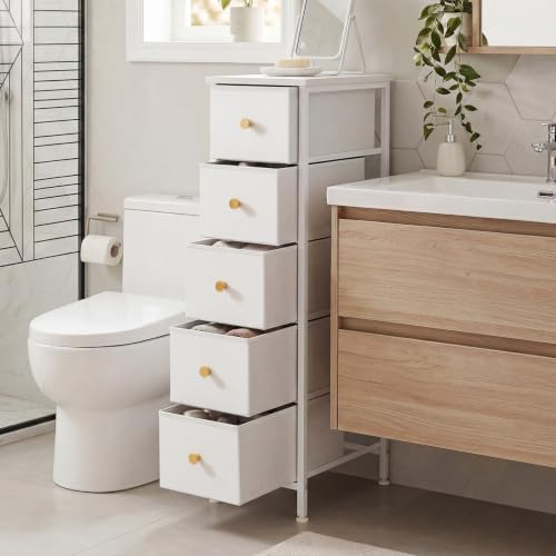 Fixwal White Narrow Storage Cabinet with 5 Fabric Drawers, 16.5"D x 9.5"W x 36.6"H Slim Dresser
