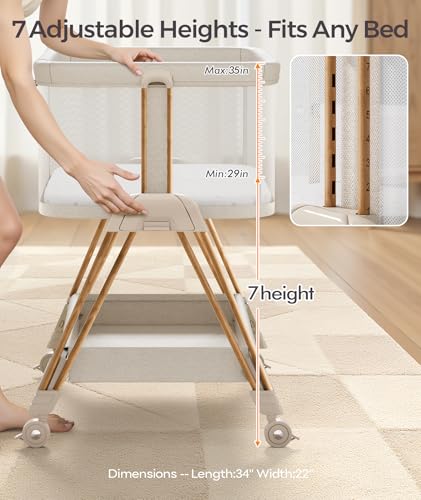 3-in-1 Bedside Sleeper Baby Bassinet - 7 Height Adjustable Crib with Wheels