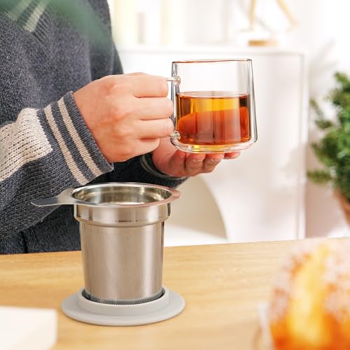 CNGLASS 12oz Double Walled Borosilicate Glass Tea Cup with Steel Infuser & Lid - Set of 1