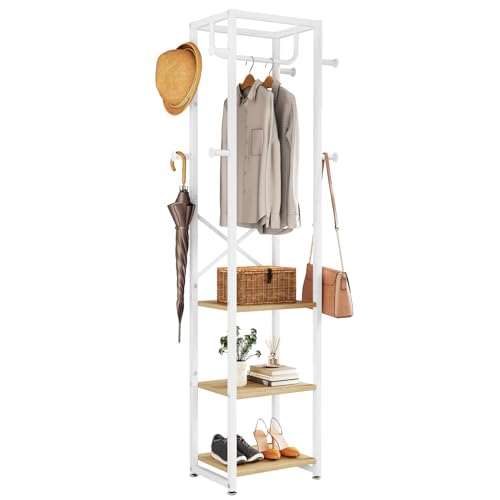 Industrial Freestanding Hall Tree with 3 Shelves and 8 Coat Hooks