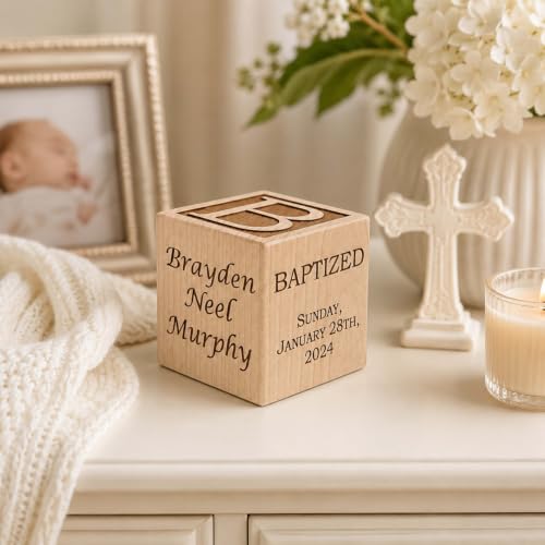 Personalized Baby Baptism Wooden Block Keepsake - Engraved Hardwood Gift