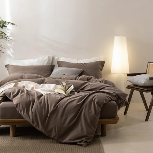 100% Washed Cotton Queen Duvet Cover Set - Light Chocolate Brown, 3 Piece